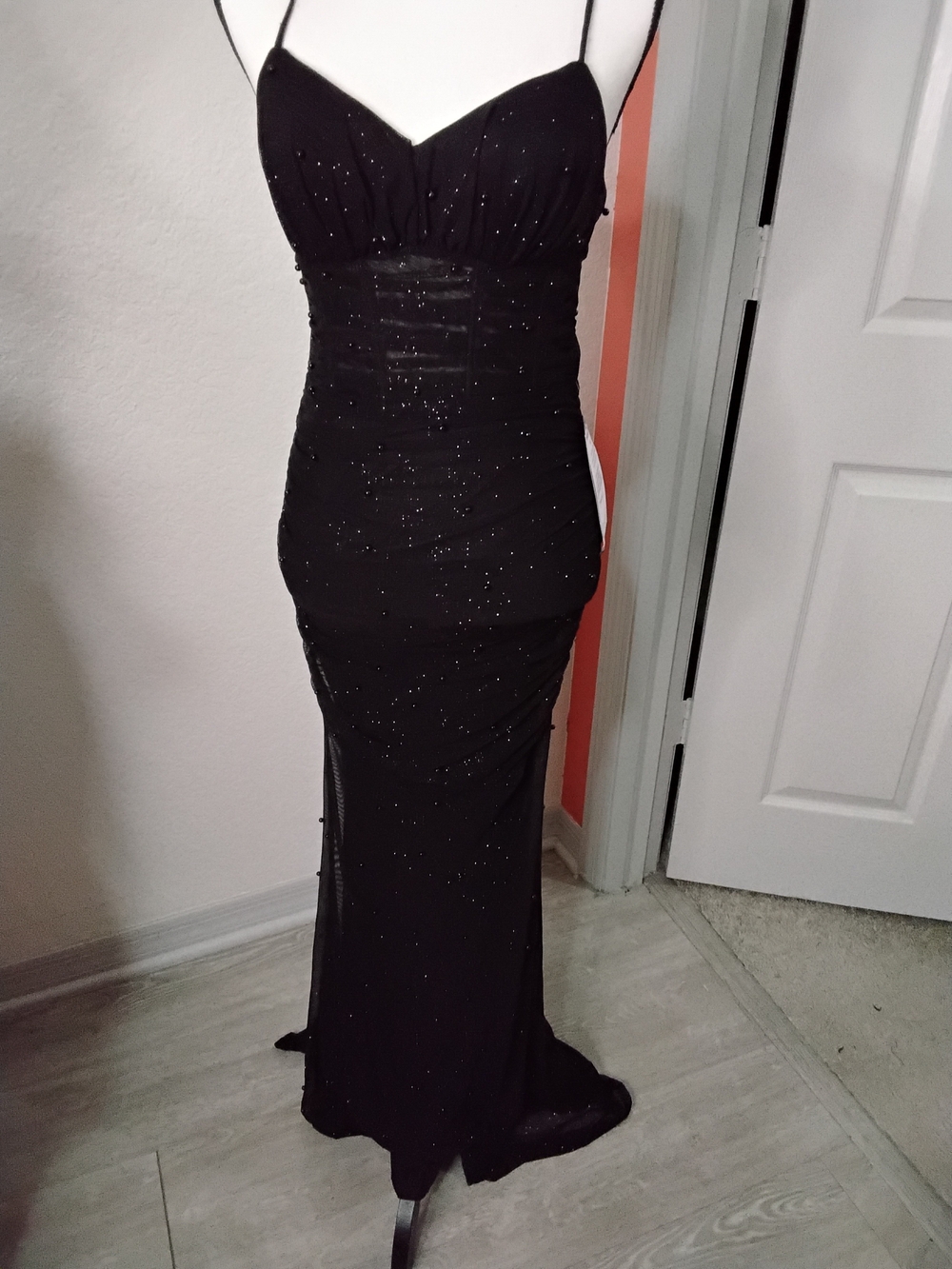 City Studio Black Beaded Spaghetti-Strap Maxi Gown